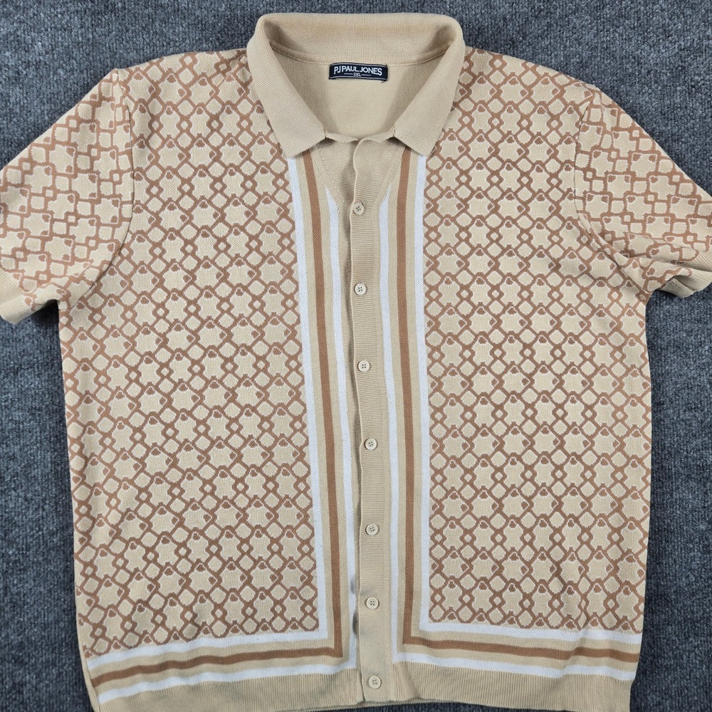 PJ Paul Jones Knit Polo Shirt Mens 2XL Tan Geometric Retro